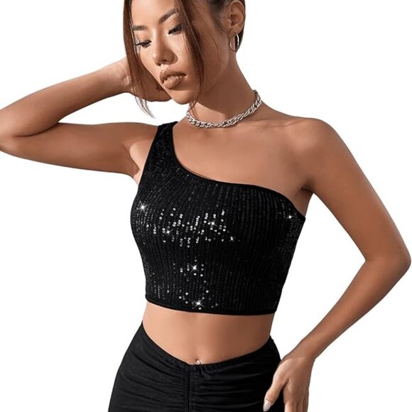Women's One Shoulder Sleeveless Sequin Glitter Party Cropped Tank Crop Tops - Picture 3 of 6